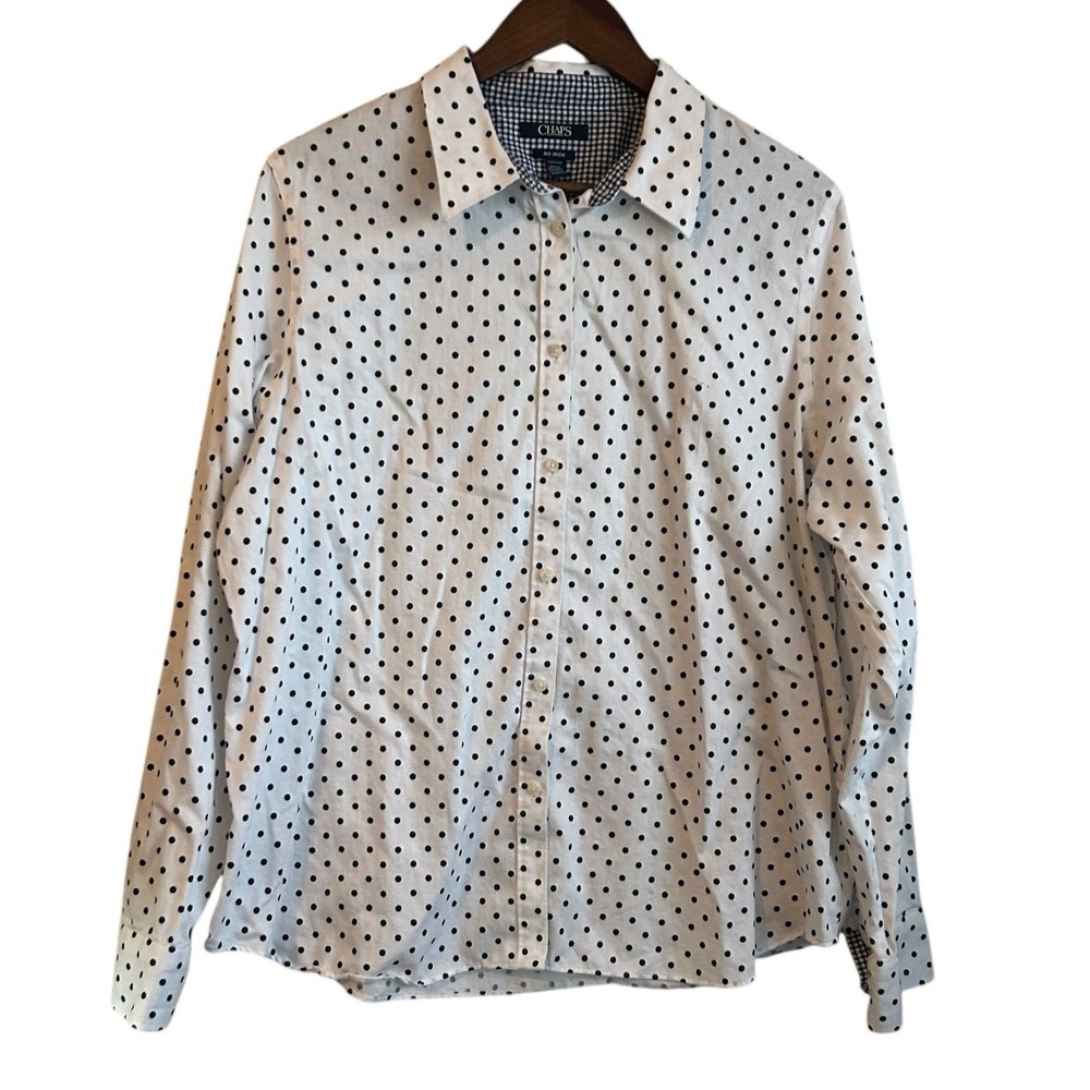 Chaps Women Preppy Classic Polka Dot Shirt XXL White Gingham Trim No Iron